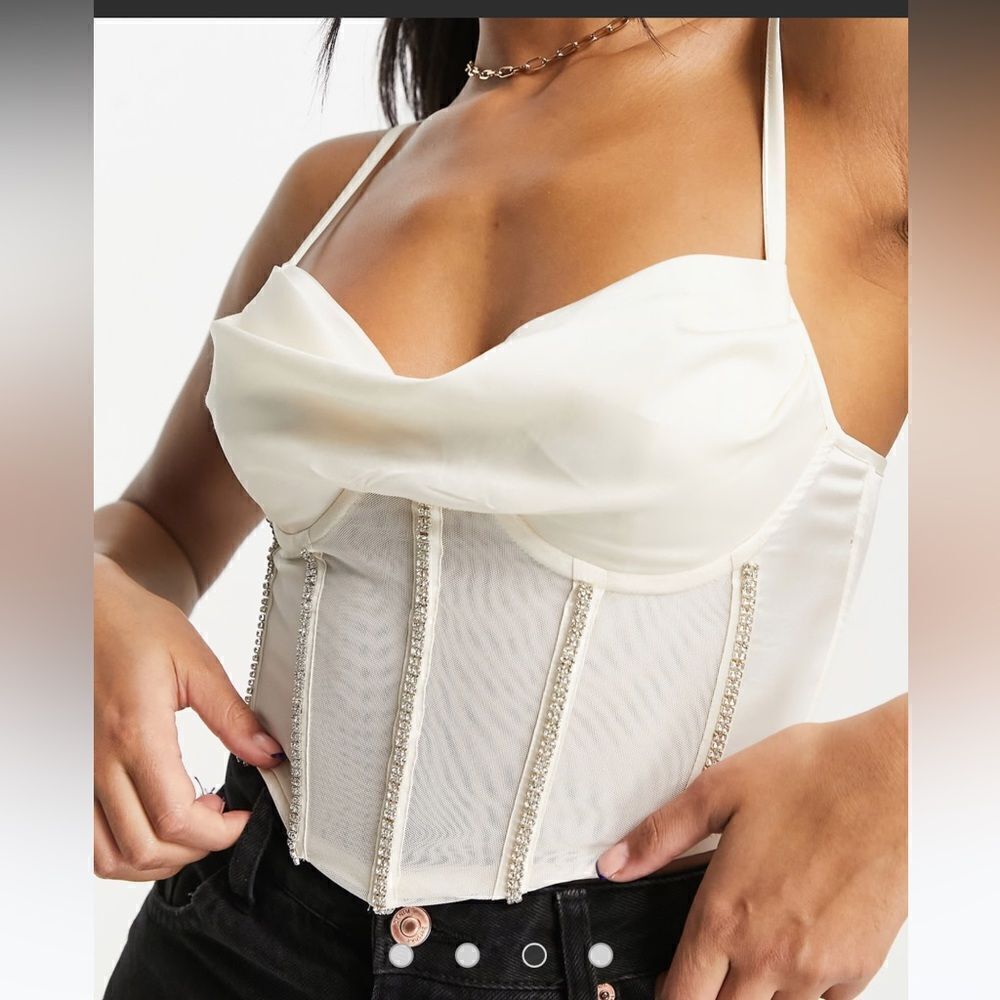 ASOS DESIGN NWT stretch satin corset with diamante trim in ivory